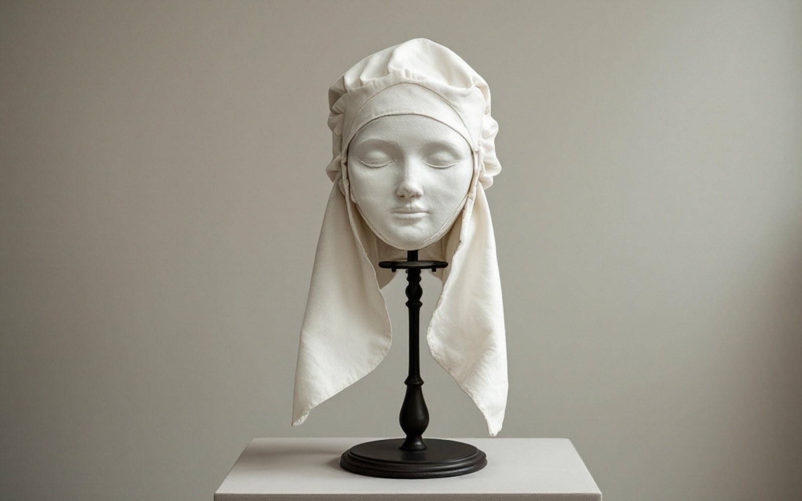 A starched linen headdress on a museum stand against a plain ground