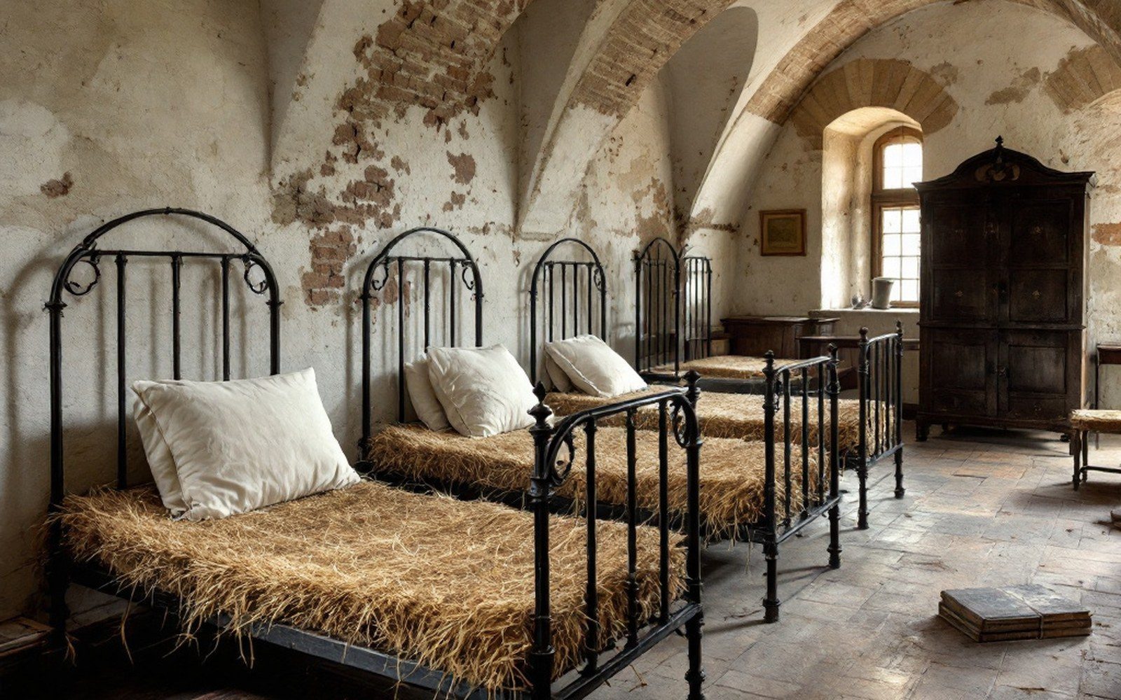 Iron bedsteads with straw mattresses in a museum reconstruction